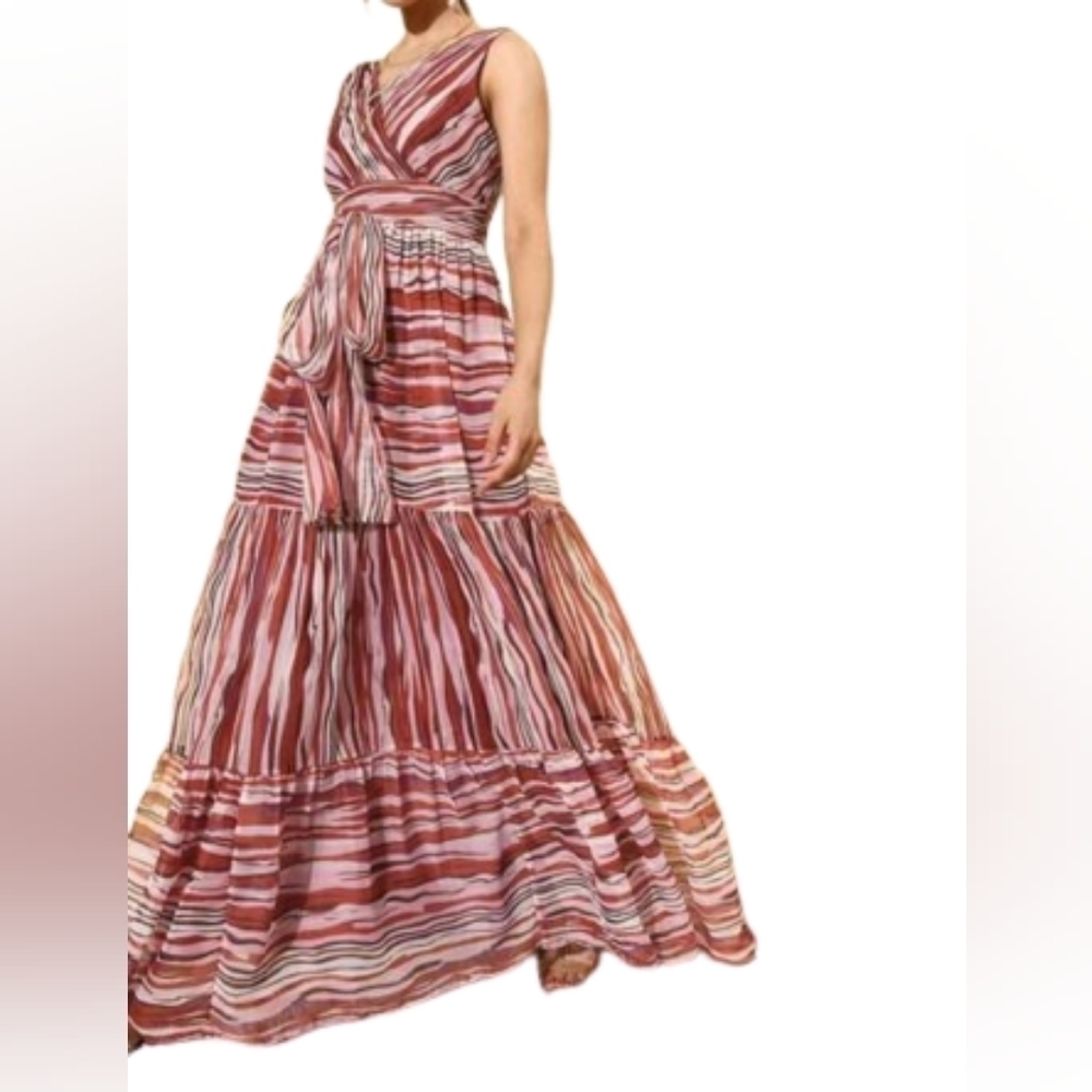 Quiero printed fit & flare striped multicolor maxi chiffon dress color b…